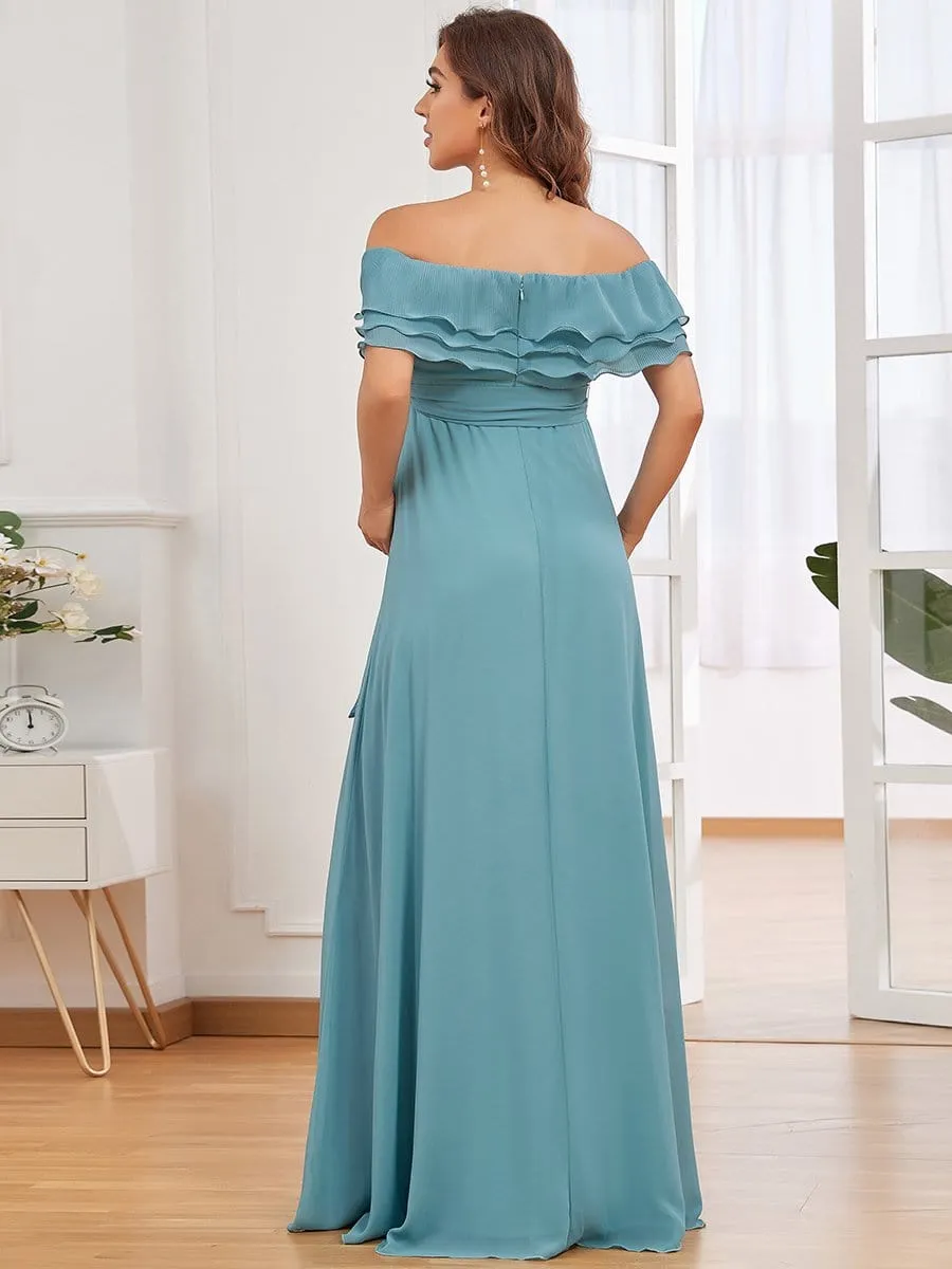 A-Line Triple Pleated Ruffle Off-Shoulder Bump Friendly Dresses