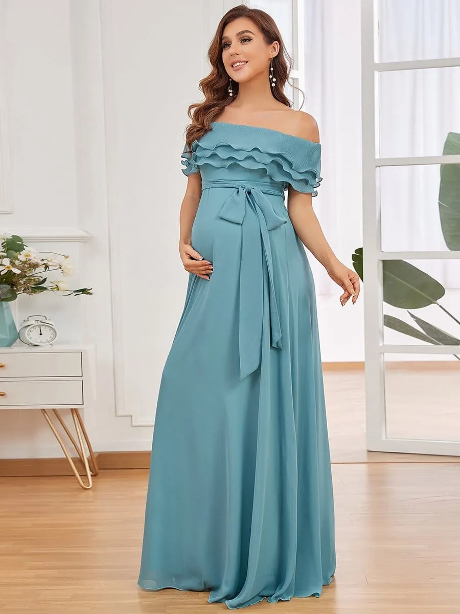 A-Line Triple Pleated Ruffle Off-Shoulder Bump Friendly Dresses