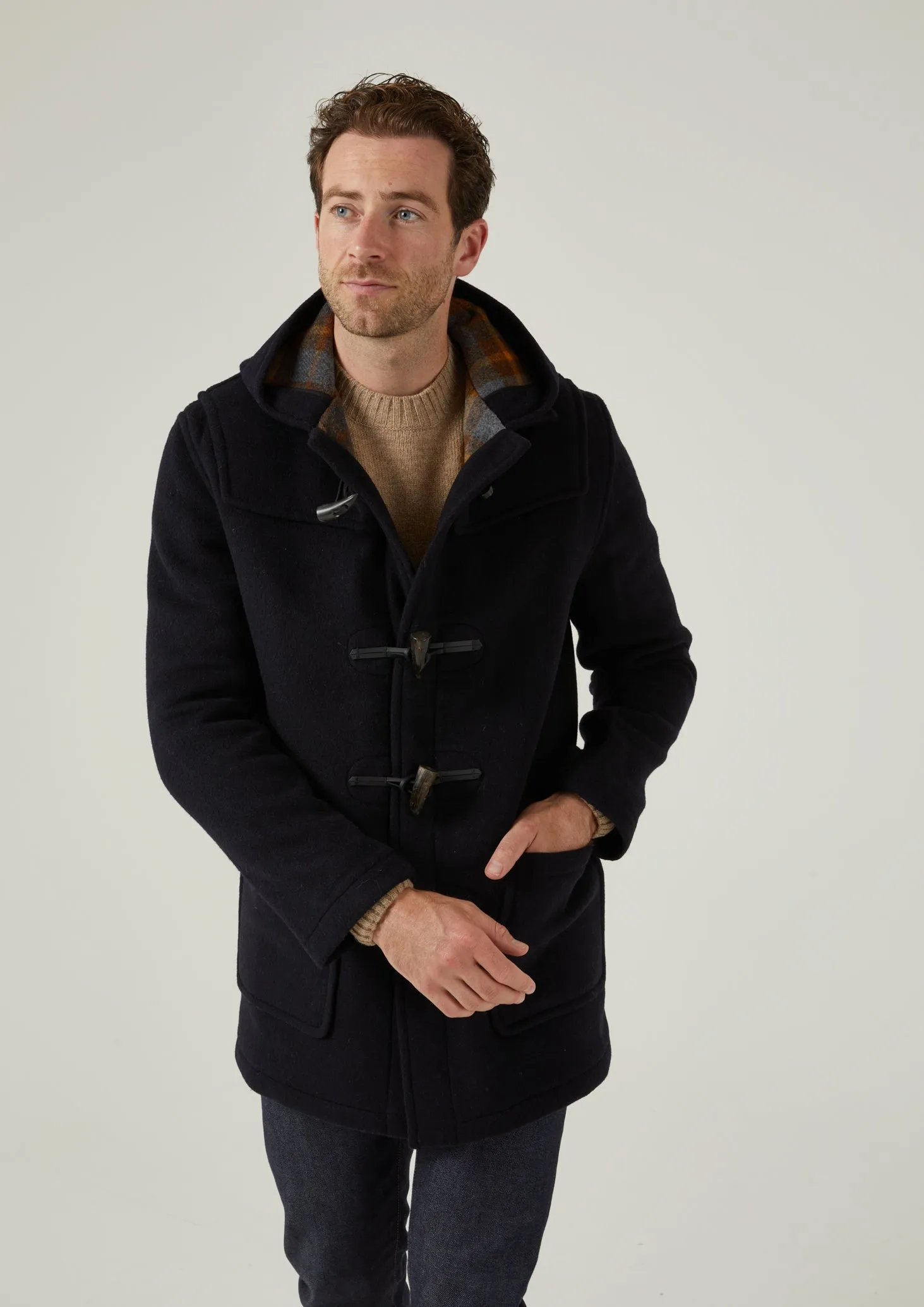 Alcombey Check Back Duffle Coat In Navy