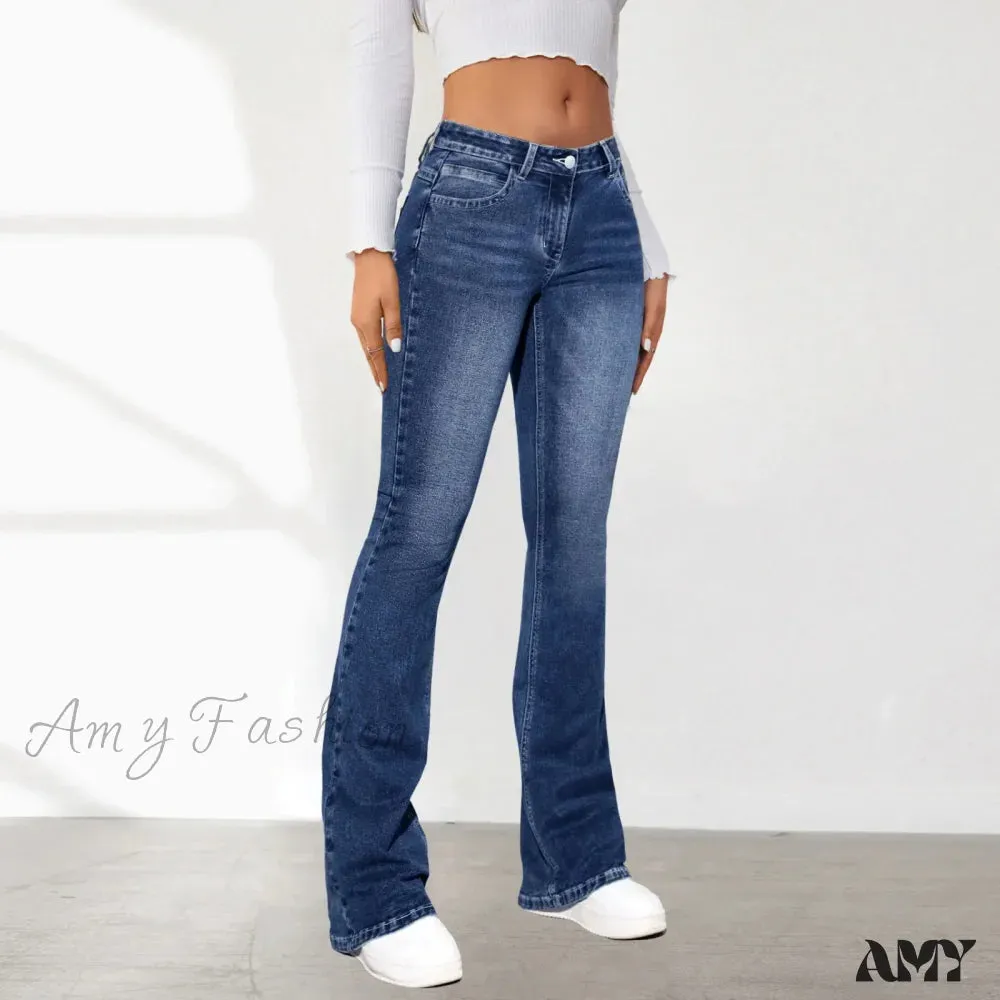 Amy Fashion - Stretch Slim Retro High Waist Stitching Washed Bell-Bottom Fashionable Stylish Elegant Jean