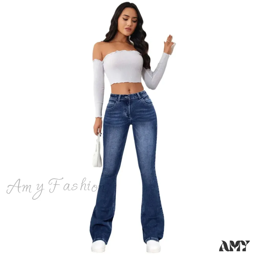 Amy Fashion - Stretch Slim Retro High Waist Stitching Washed Bell-Bottom Fashionable Stylish Elegant Jean