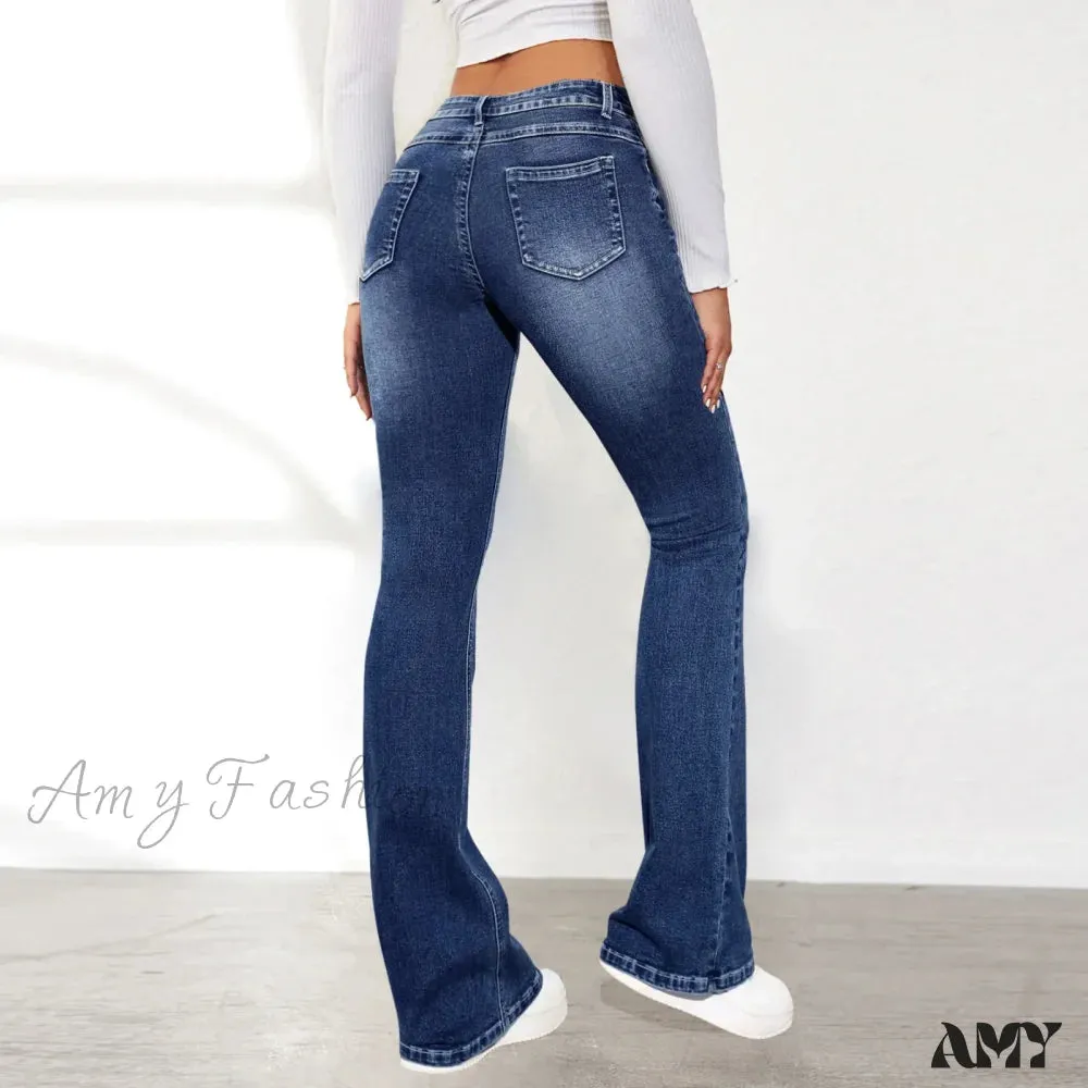 Amy Fashion - Stretch Slim Retro High Waist Stitching Washed Bell-Bottom Fashionable Stylish Elegant Jean