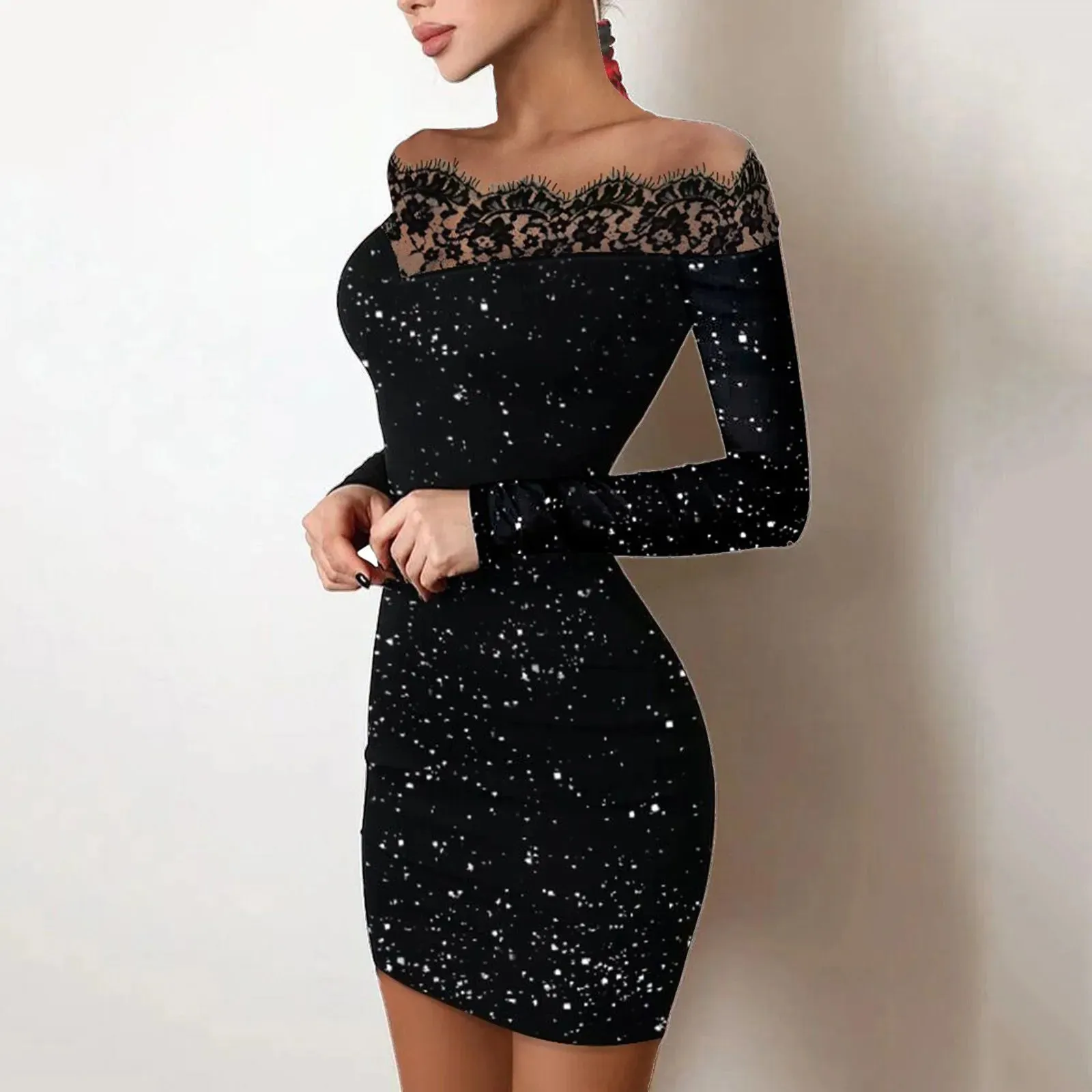 Arrival Sexy Solid Slim Elegant Sexy Glitter Off Shoulder Lace Casual New Dress