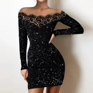 Arrival Sexy Solid Slim Elegant Sexy Glitter Off Shoulder Lace Casual New Dress