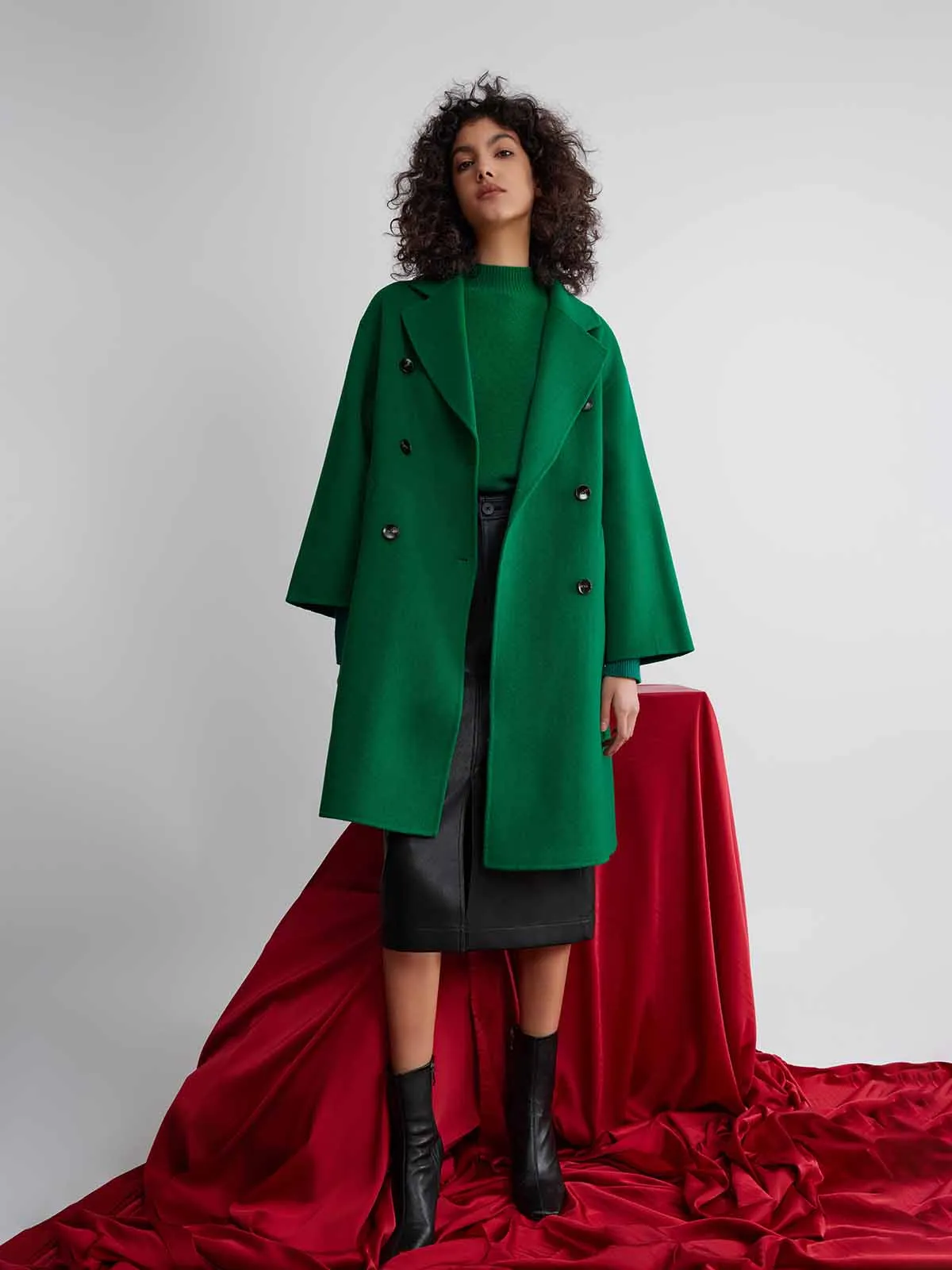 ASOBIO Relaxed Double-Breasted Virgin Wool Long Coat