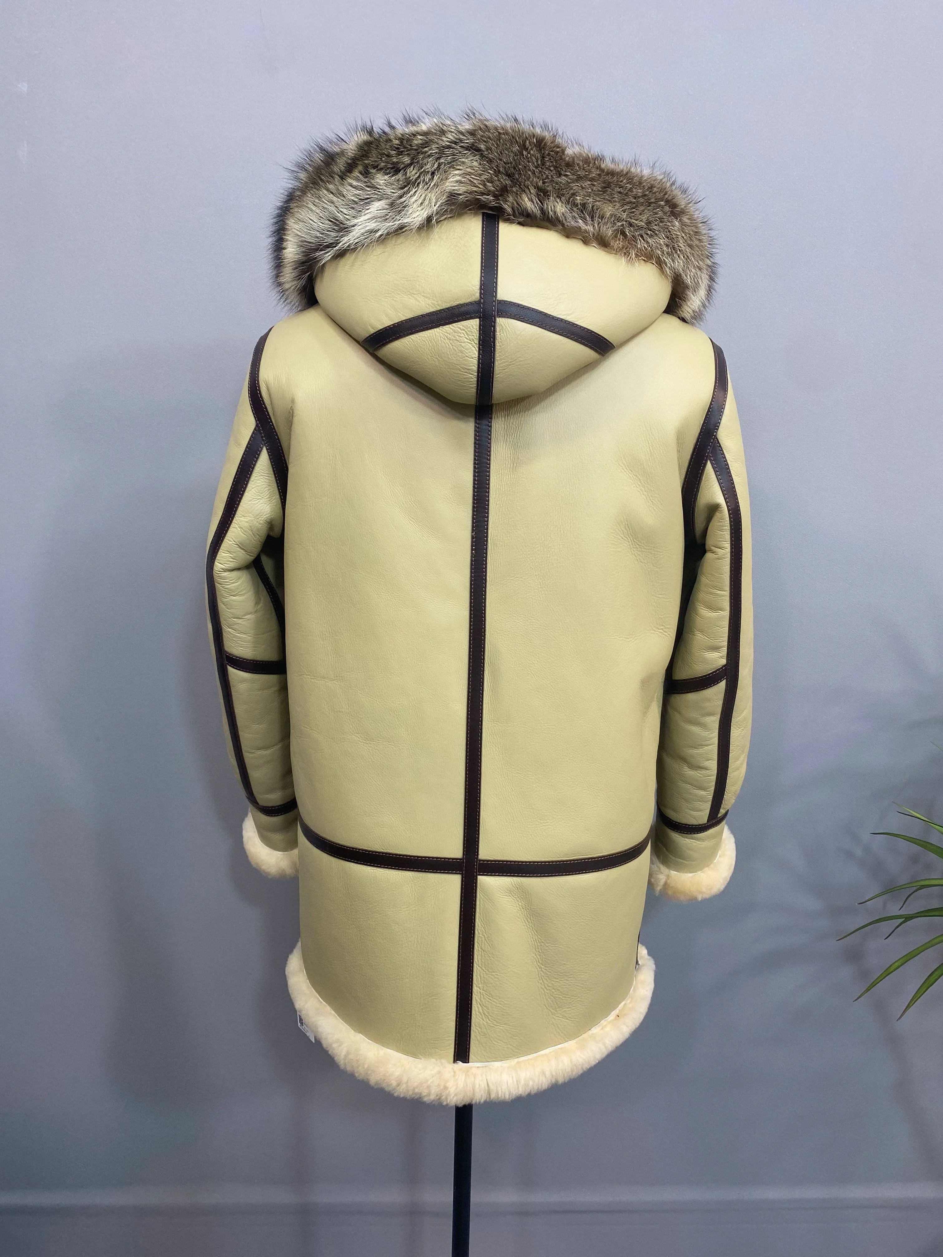 Beige Genuine Leather Shearling Fur Lining Long Coat Parkas