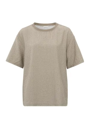 Beige top with short sleeves, round neck and printed pattern