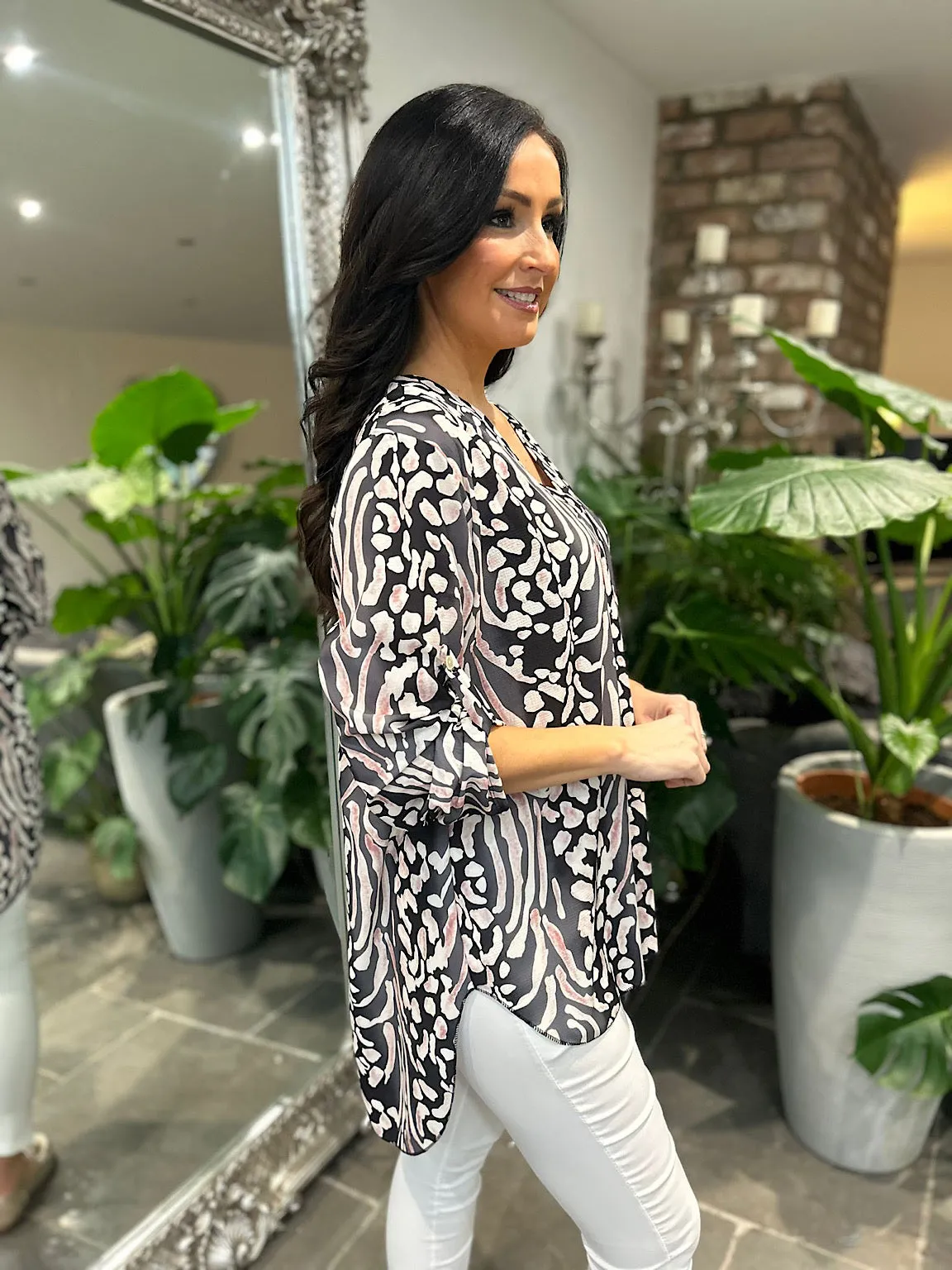 Black Colour Blend Animal Print Blouse Maria