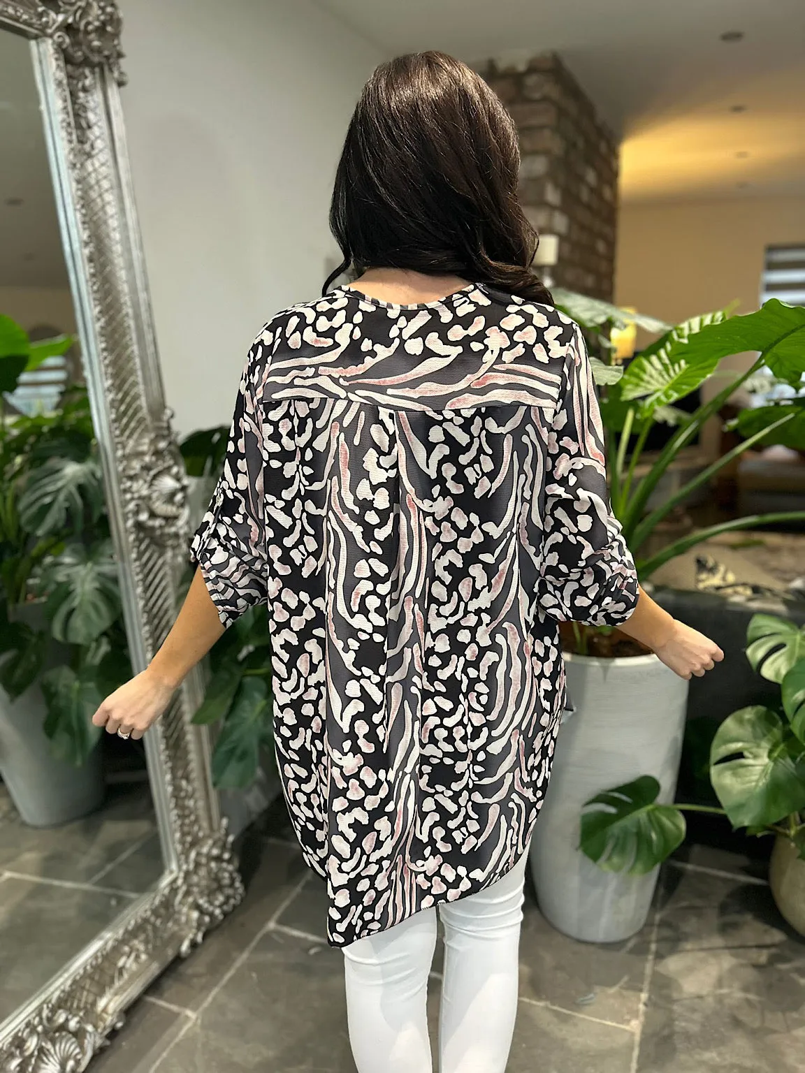 Black Colour Blend Animal Print Blouse Maria