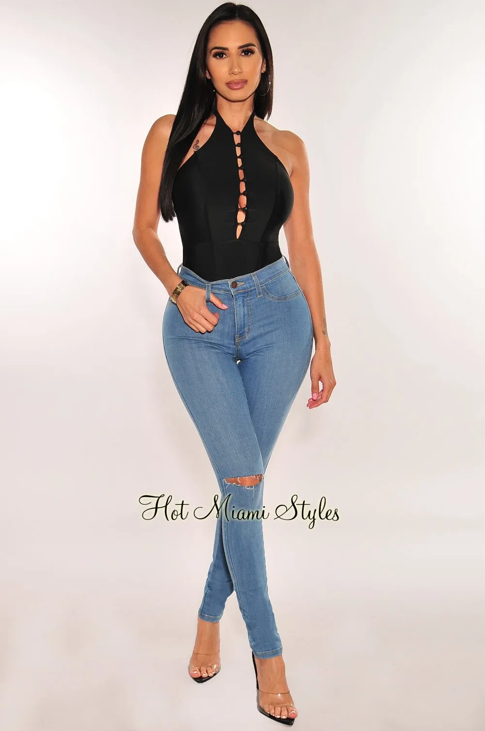 Black Halter Button Up Bodysuit