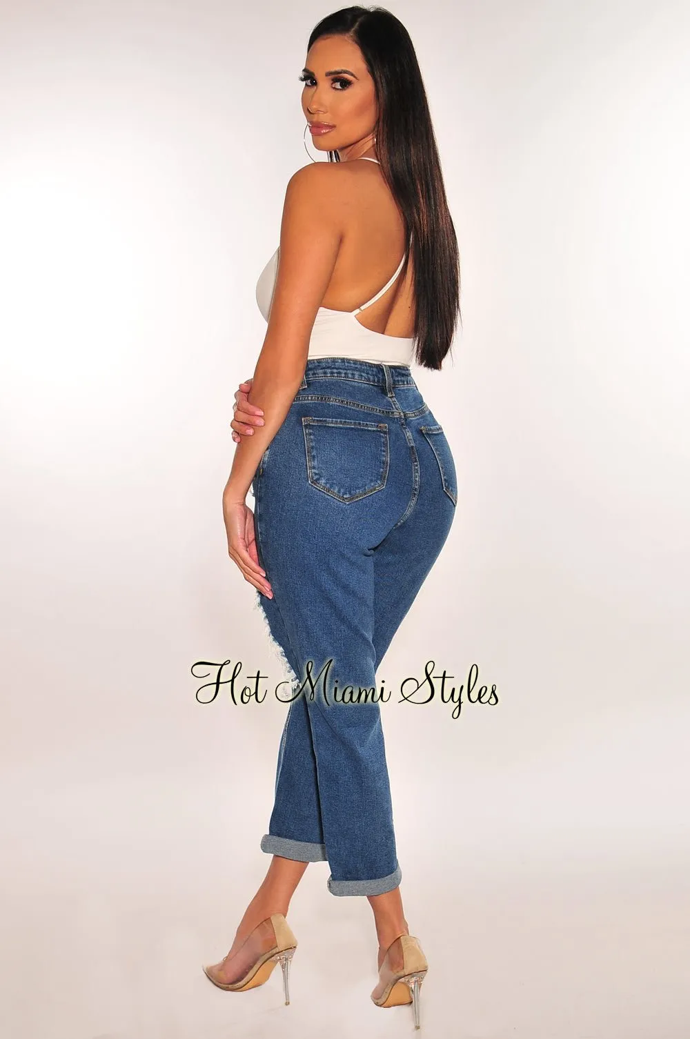 Blue Denim Ripped Mom Jeans