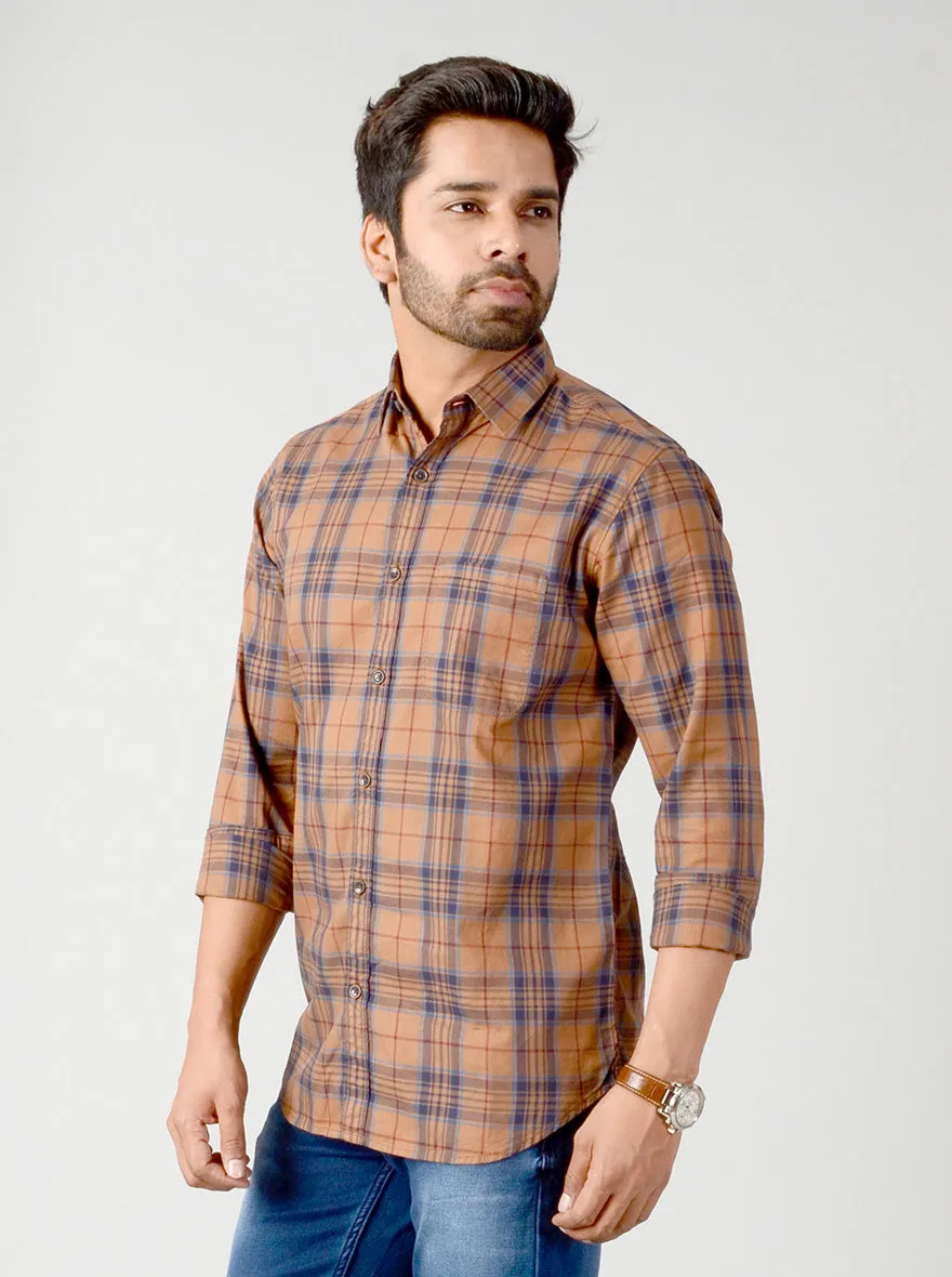 Cashew Brown & Blue Checked Slim Fit Casual Shirt | JadeBlue