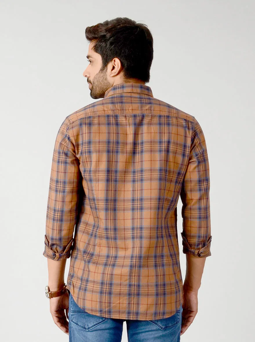 Cashew Brown & Blue Checked Slim Fit Casual Shirt | JadeBlue