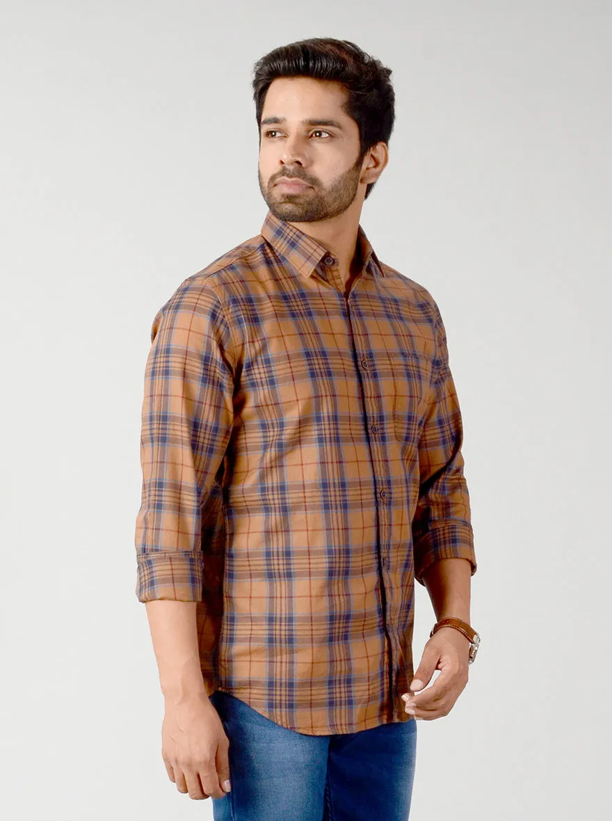 Cashew Brown & Blue Checked Slim Fit Casual Shirt | JadeBlue