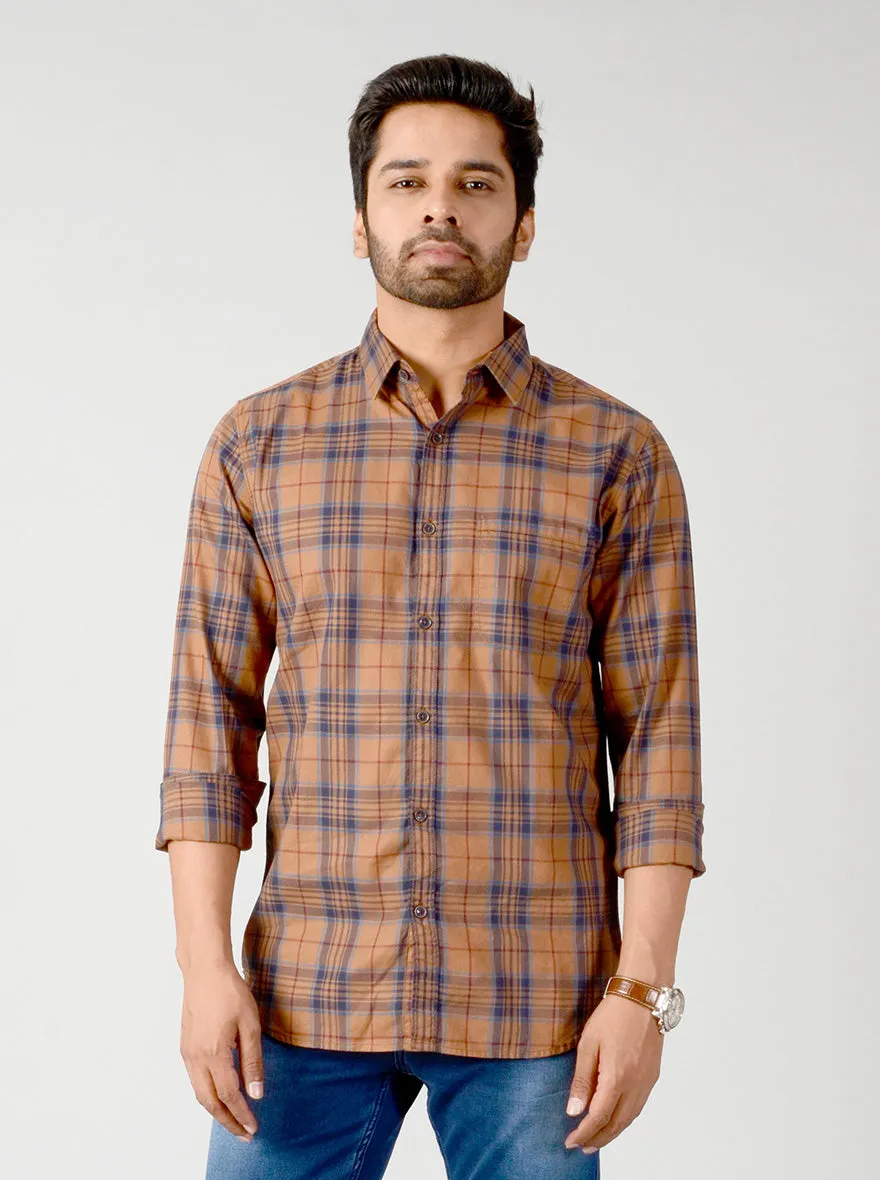 Cashew Brown & Blue Checked Slim Fit Casual Shirt | JadeBlue