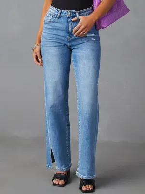 Casual High Waist Fashionable Slit Straight Stretch Jeans