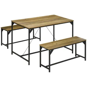 Dining Table and Bench Set for 4, Kitchen Table with 2 Benches, Space Saving Dining Room Sets, Natural