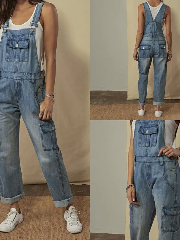 Distressed Fashionable Multiple Pockets Overall