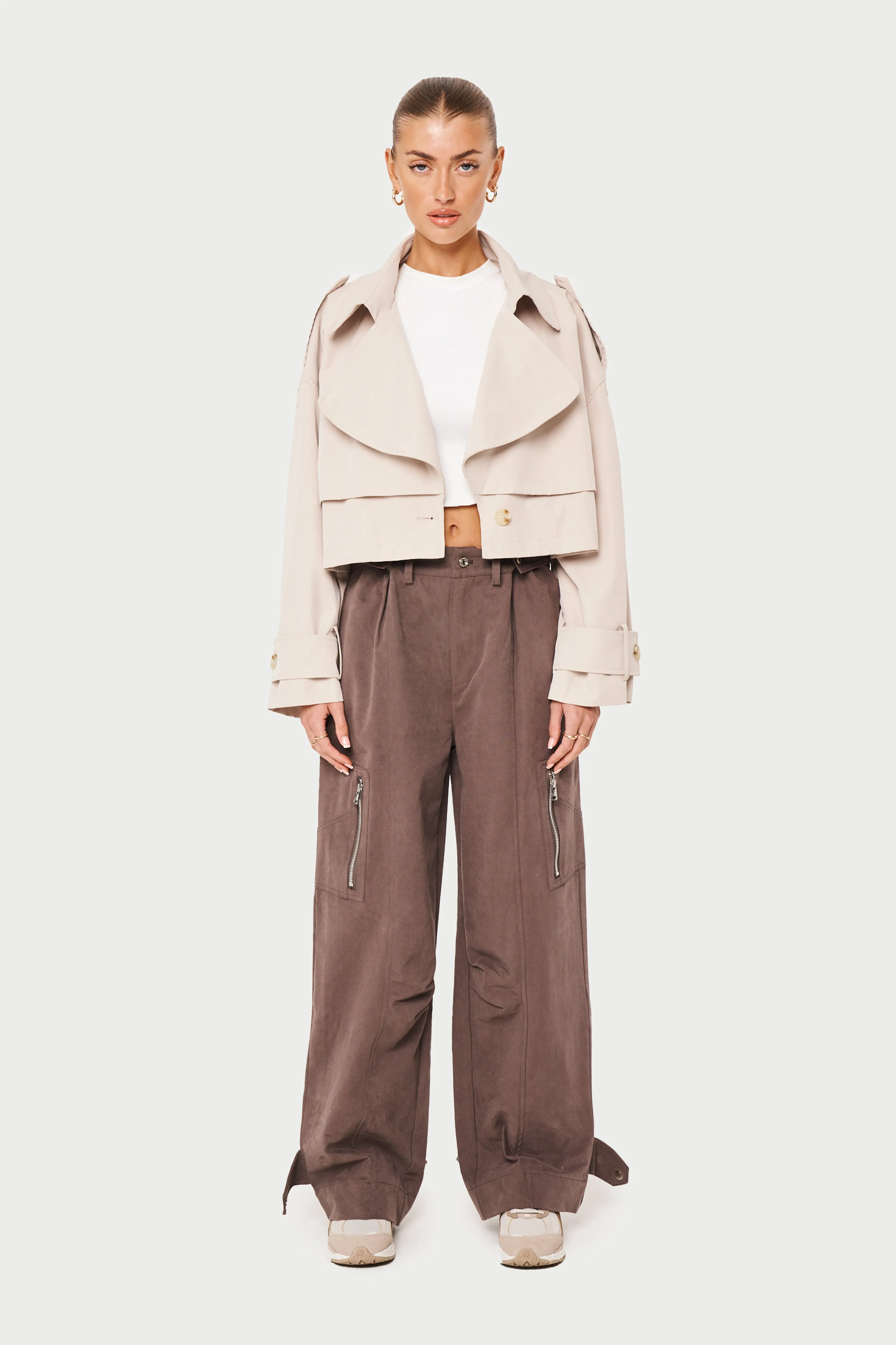 DOUBLE LAYER CROPPED TRENCH COAT - BEIGE