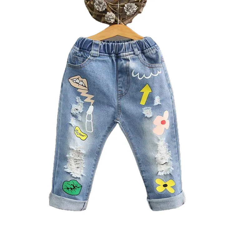 Fashionable Casual Girls' Elastic Waist Denim Pants With Cartoon Floral Print