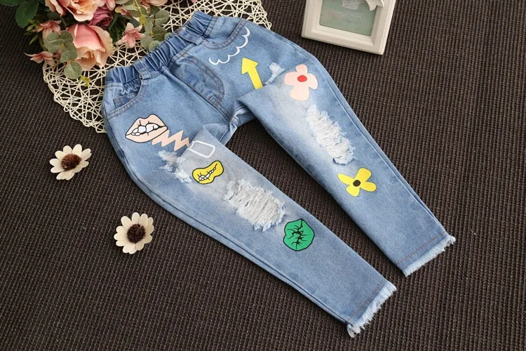 Fashionable Casual Girls' Elastic Waist Denim Pants With Cartoon Floral Print