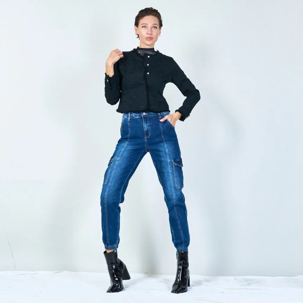 Fashionable high-waisted cargo jeans with elastic cuffs wholesale