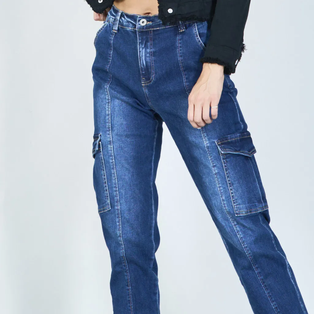 Fashionable high-waisted cargo jeans with elastic cuffs wholesale