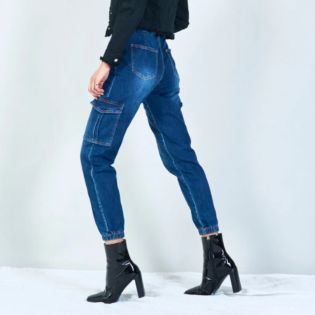 Fashionable high-waisted cargo jeans with elastic cuffs wholesale