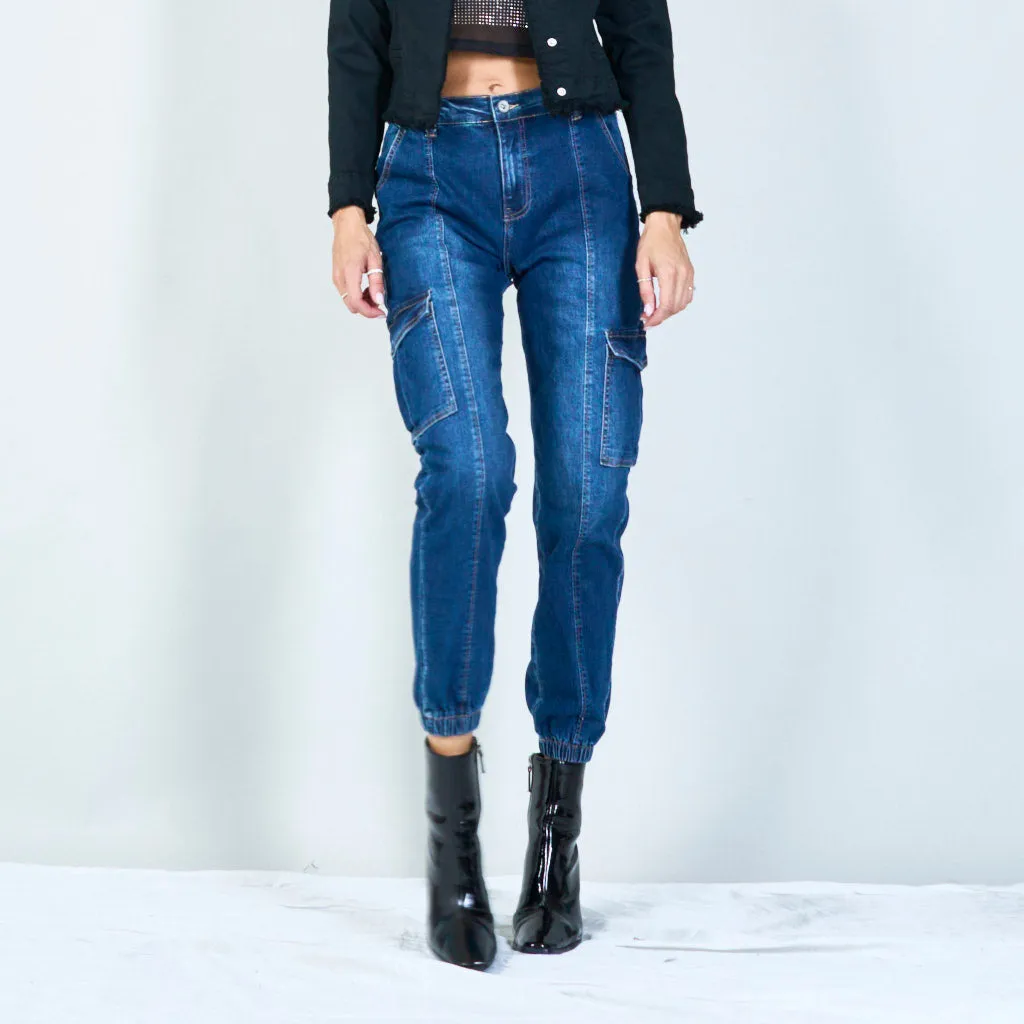 Fashionable high-waisted cargo jeans with elastic cuffs wholesale