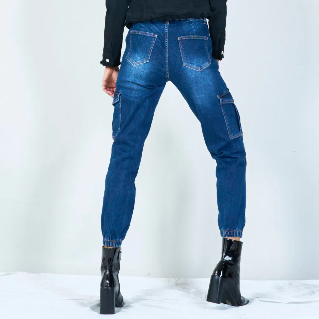 Fashionable high-waisted cargo jeans with elastic cuffs wholesale