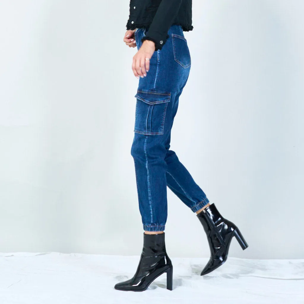 Fashionable high-waisted cargo jeans with elastic cuffs wholesale