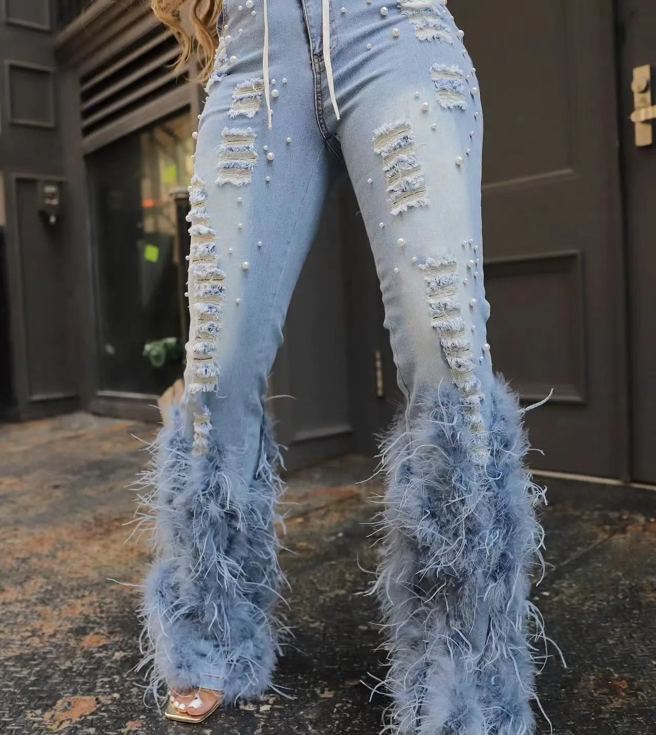 Fashionable nail bead plush jeans AY3614