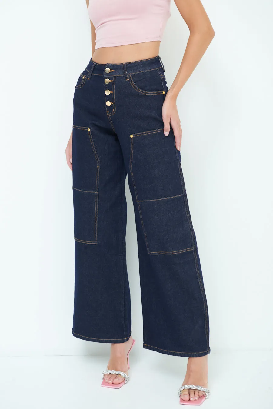 Fashionable wide-leg button jeans wholesale