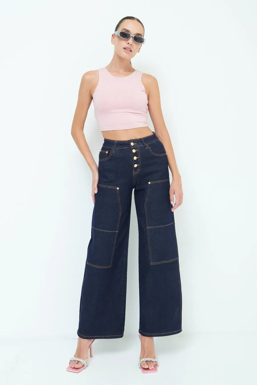 Fashionable wide-leg button jeans wholesale