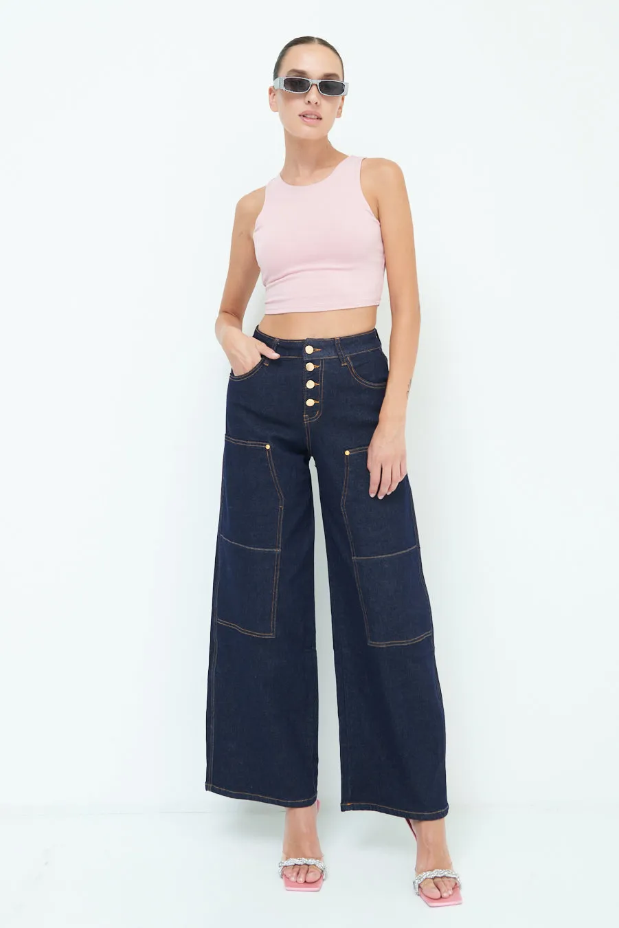 Fashionable wide-leg button jeans wholesale