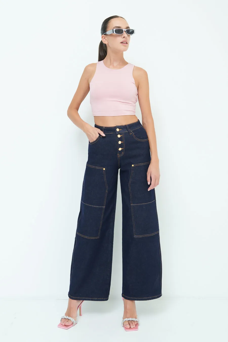 Fashionable wide-leg button jeans wholesale