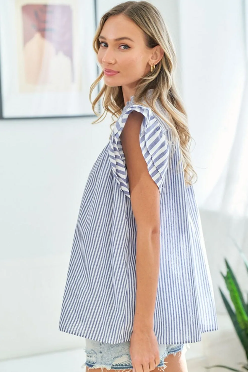 Full Size Striped Flutter Sleeve Blouse