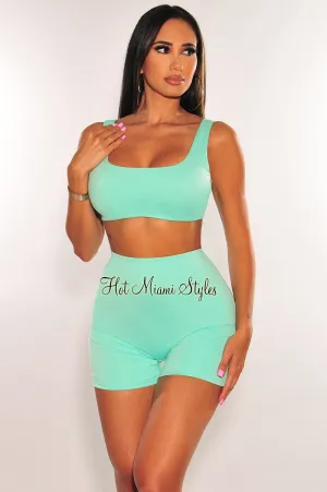 HMS Essential: Mint Crop Top Biker Shorts Two Piece Set