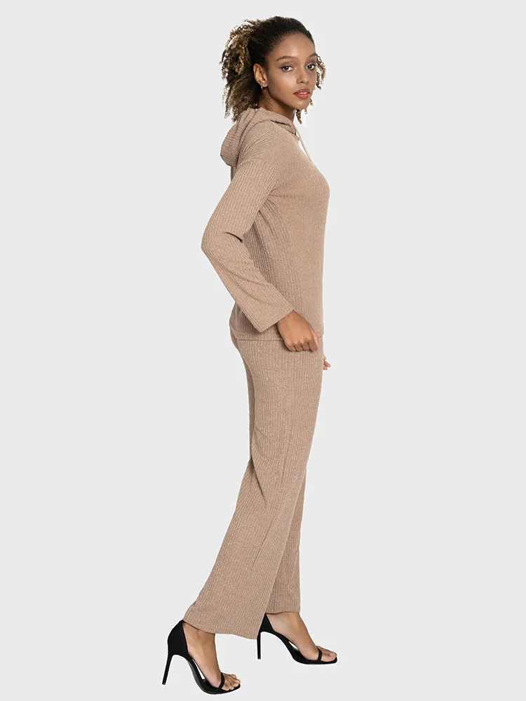 Knitted Drawstring Long Sleeved Hoodie & Wide Leg Pants