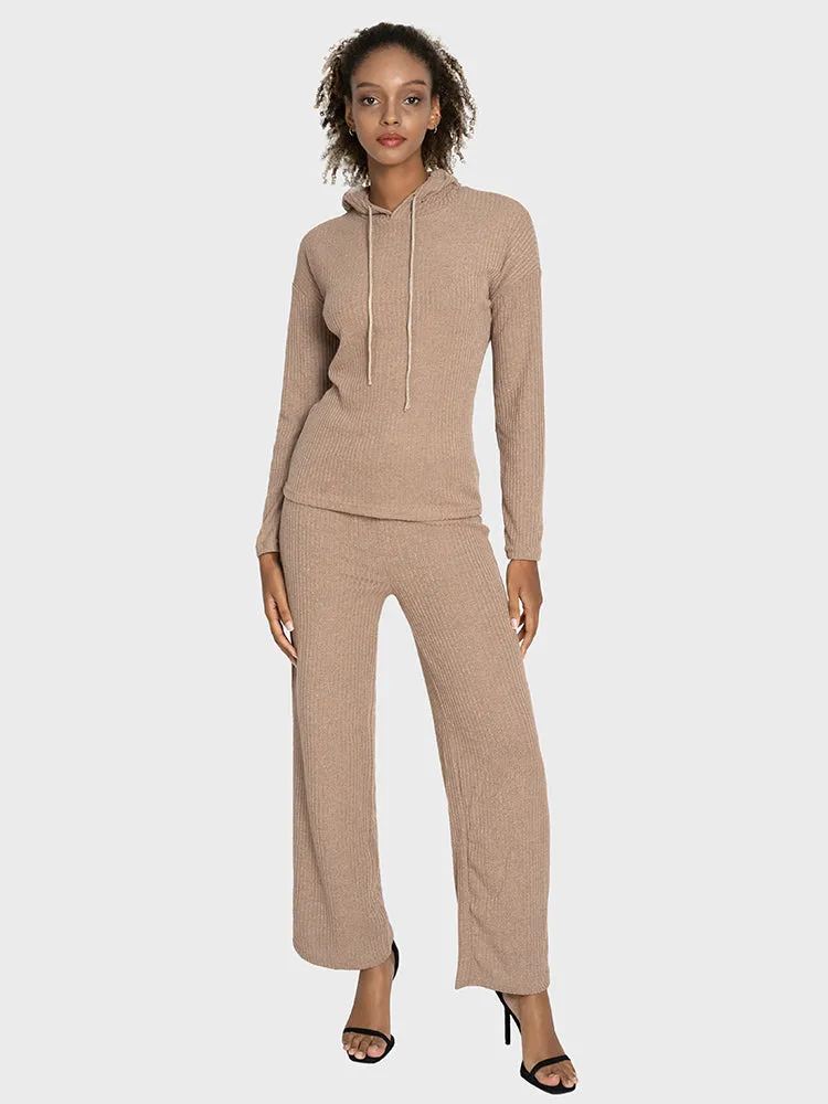 Knitted Drawstring Long Sleeved Hoodie & Wide Leg Pants