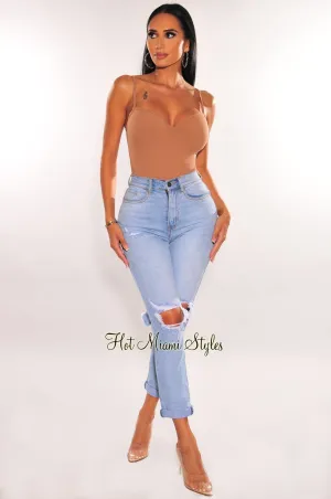 Light Denim High Waist Ripped Jeans