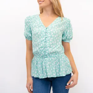 M&S Mint Green Floral Short Sleeve Elasticated Waist V-Neck Blouses Summer Tops