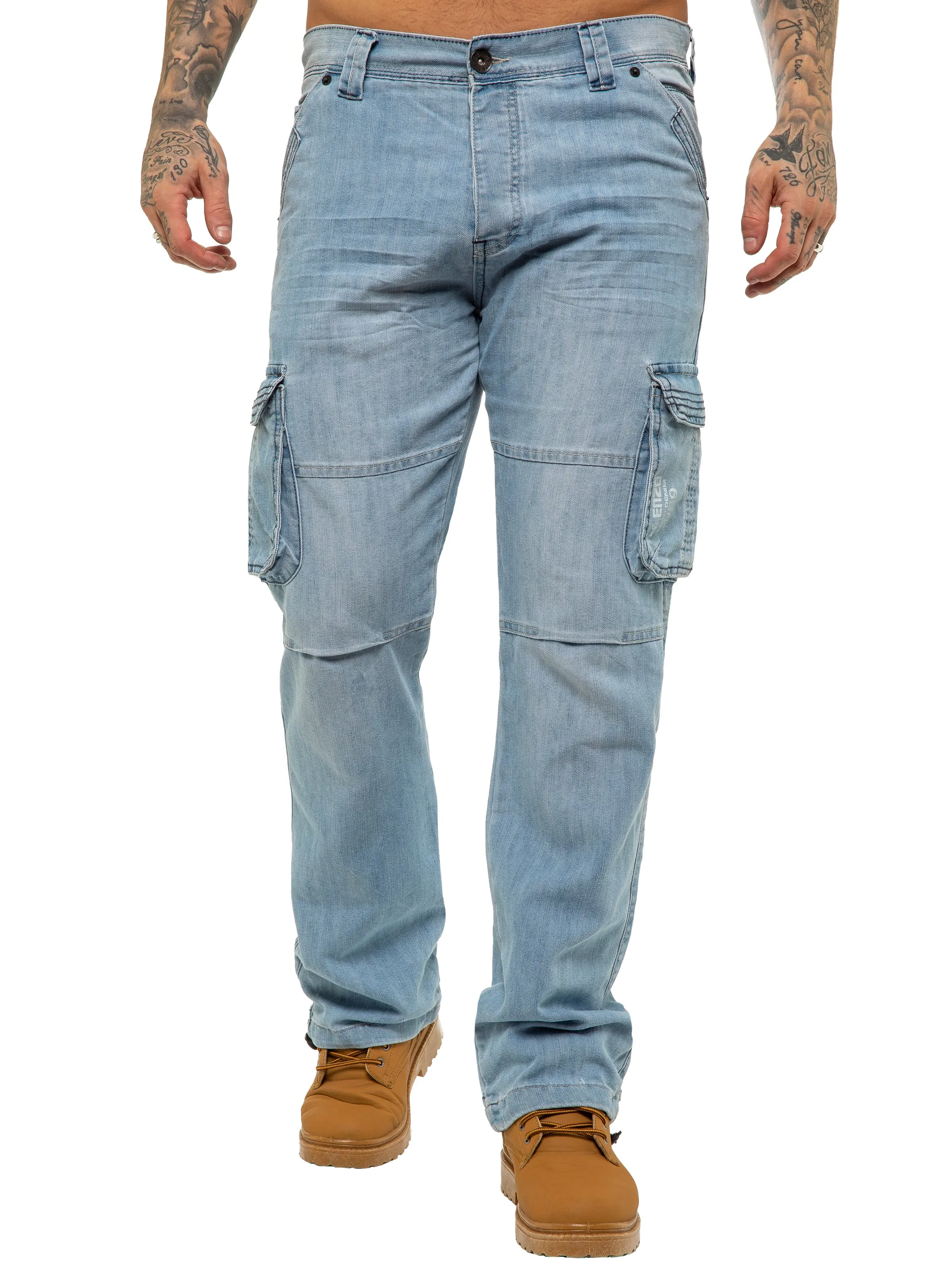 Mens Light Blue Combat Denim Jeans Mid Stonewash | Enzo Designer Menswear