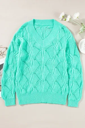 Mint Green Hollow Out Knit V Neck Drop Shoulder Sweater