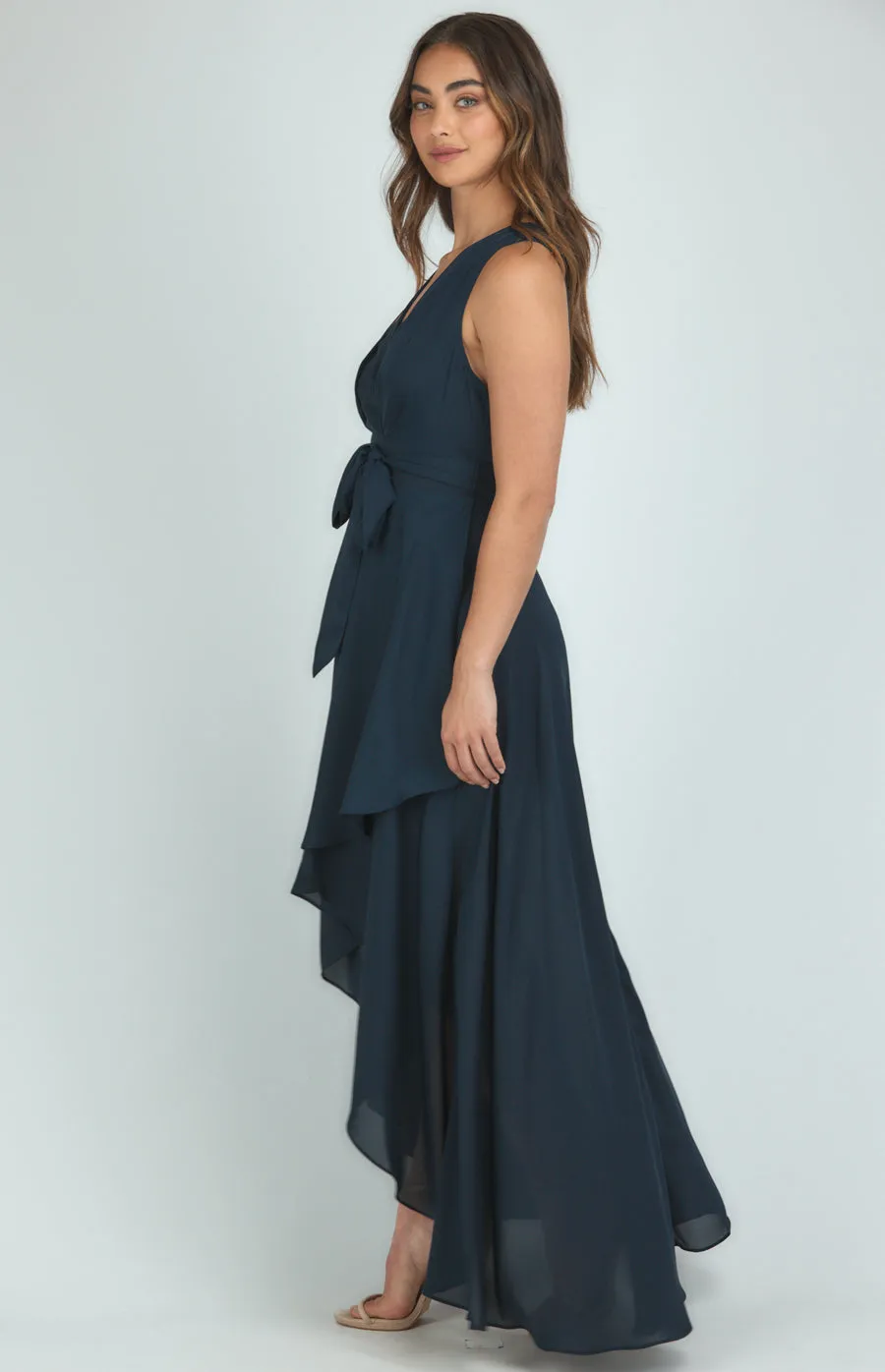 Pleated Front Detail Maxi Dress With Waterfall Hem