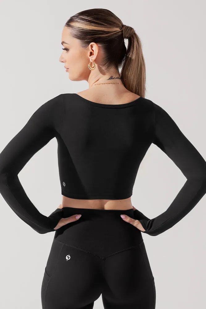 POPFLEX® Sweetheart Long Sleeve Crop Top - Black