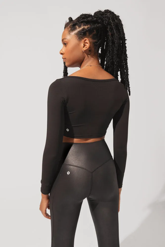 POPFLEX® Sweetheart Long Sleeve Crop Top - Black