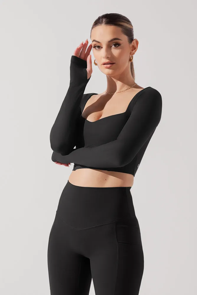 POPFLEX® Sweetheart Long Sleeve Crop Top - Black