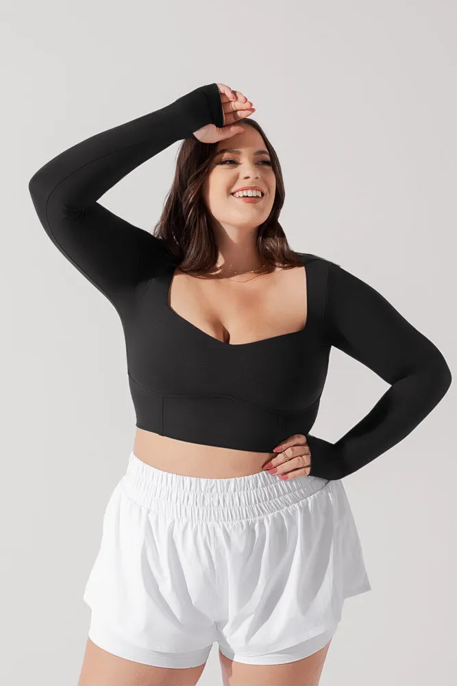 POPFLEX® Sweetheart Long Sleeve Crop Top - Black