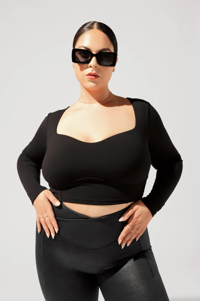 POPFLEX® Sweetheart Long Sleeve Crop Top - Black